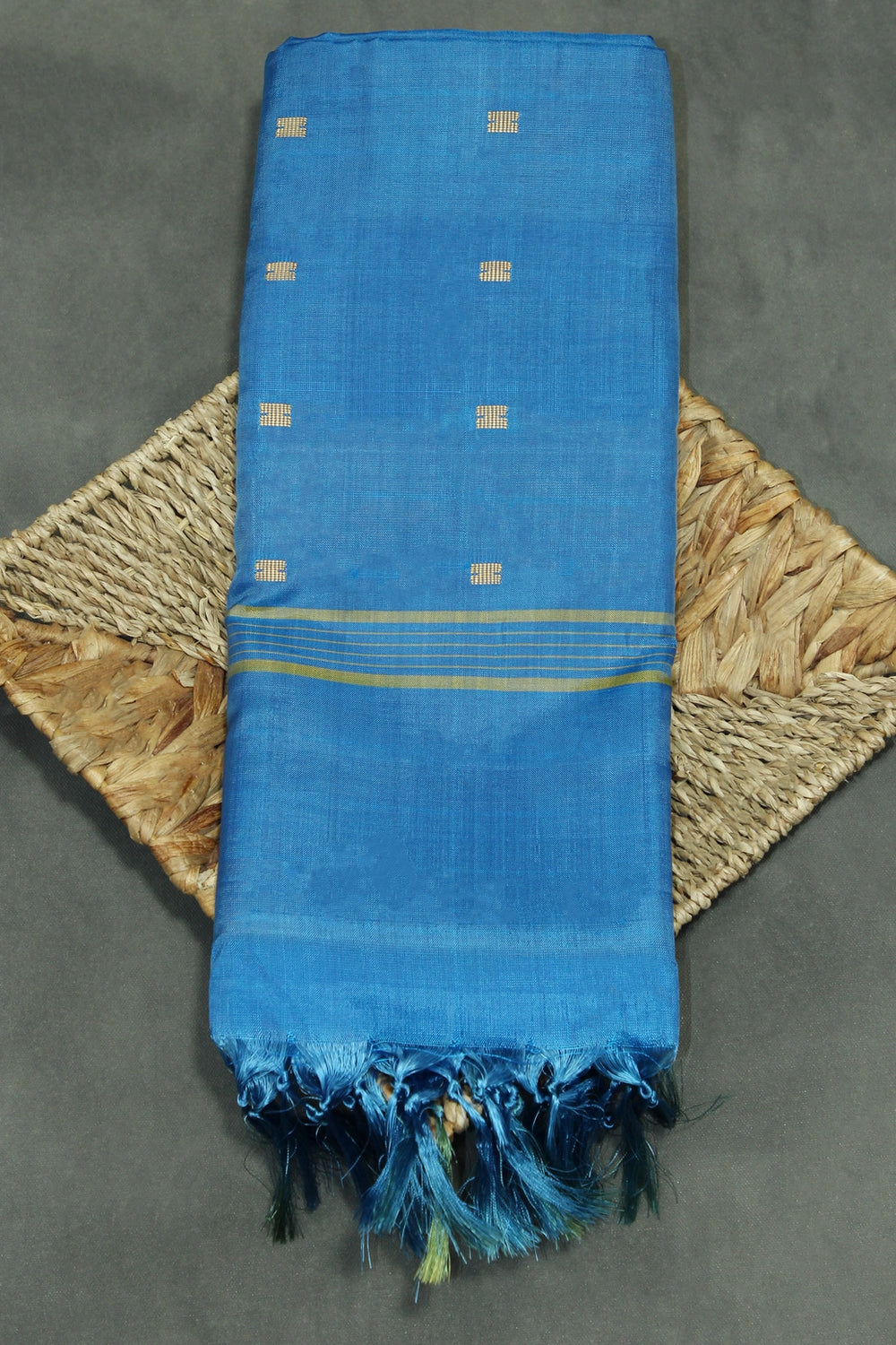 Blue & Orange Vaazhai Naar (Banana Pith) Saree with Small Gold Butta - Borderless Traditional Saree - Blue & Orange