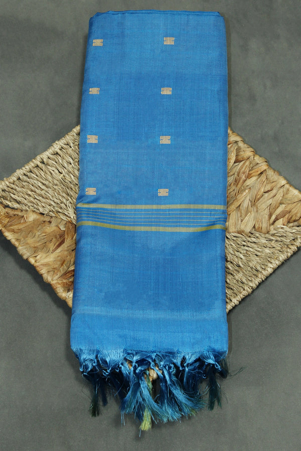 Blue & Orange Vaazhai Naar (Banana Pith) Saree with Small Gold Butta - Borderless Traditional Saree - Blue & Orange