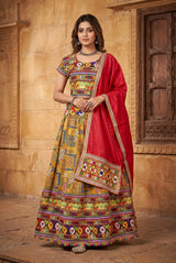 Designer Navratri Chaniya Choli Set with Camel Block Print, Multicolor & Red Lehenga Choli - Multicolor & Red
