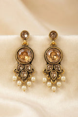 Gold-Tone Antique Finish Pearl Drop Earrings with Round Stone Dangler, Traditional Chandelier Style - Gold