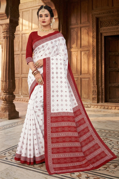 Red & White Pure Cotton Printed Saree with Border, 5.5 Meters, Traditional Daily Wear Women Saree - White