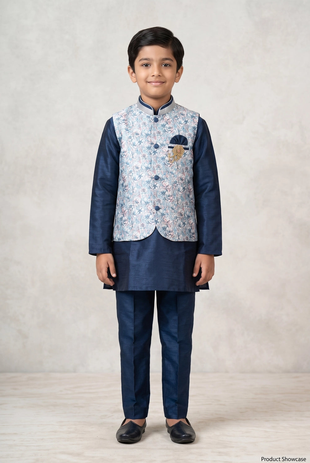 Boys Teal Blue 3-Piece Koti Kurta Set with Printed Sleeveless Koti, Long Kurta and Matching Pants - Teal Blue