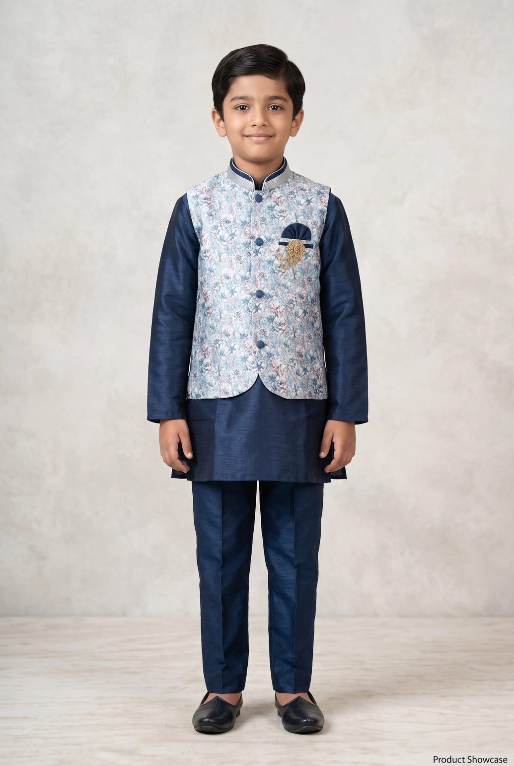 Boys Teal Blue 3-Piece Koti Kurta Set with Printed Sleeveless Koti, Long Kurta and Matching Pants - Teal Blue