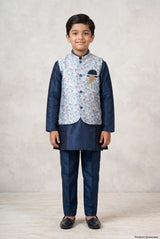 Boys Teal Blue 3-Piece Koti Kurta Set with Printed Sleeveless Koti, Long Kurta and Matching Pants - Teal Blue