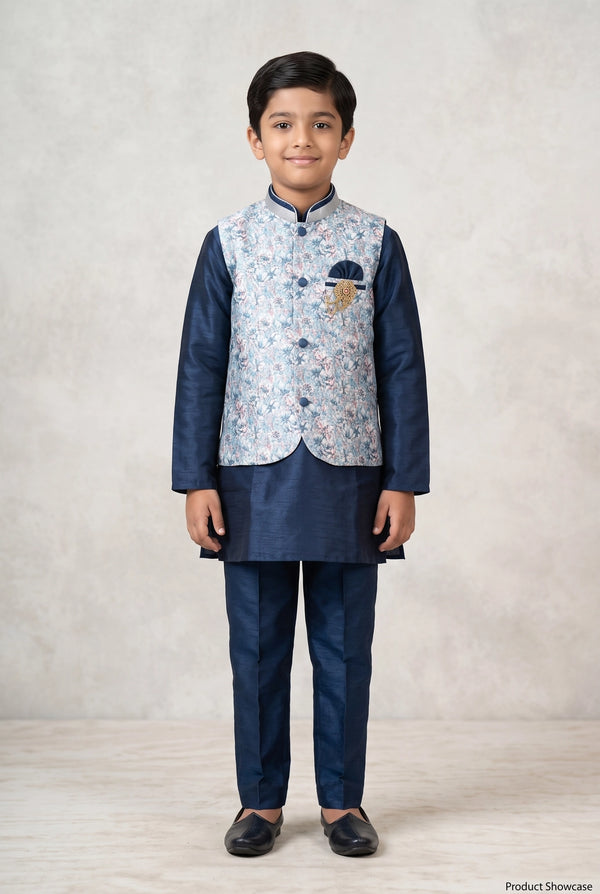 Boys Teal Blue 3-Piece Koti Kurta Set with Printed Sleeveless Koti, Long Kurta and Matching Pants - Teal Blue