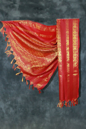 Maroon Ponnadai Poly Silk Jacquard Shawl with Zari Pattern and Tassels | Temple and Function Dupatta