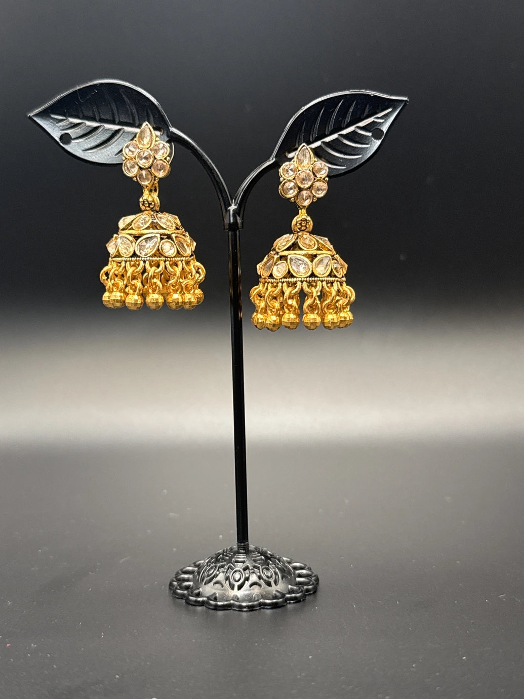 Antique Gold Floral Kundan Jhumka Earrings with Champagne Stones