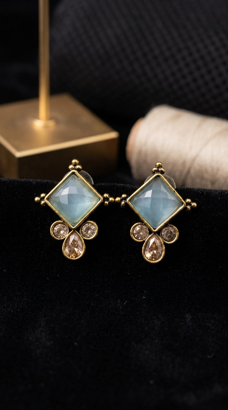 Sea Blue Square Stone Stud Earrings with Gold-Tone Frame and Crystal Drop Accents - Sea Blue