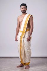 Men Off-White Art Silk Panchakacham Dhoti with Angavastram Set and 2-inch Gold Zari Border - Off-White