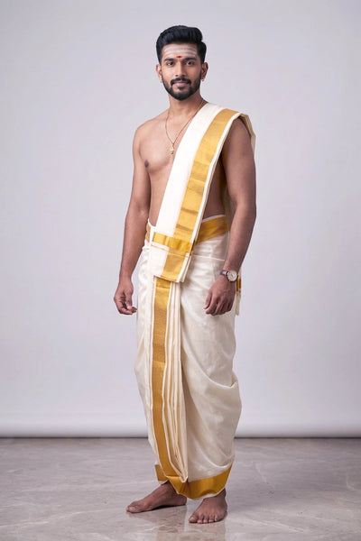 Men Off-White Art Silk Panchakacham Dhoti with Angavastram Set and 2-inch Gold Zari Border - Off-White