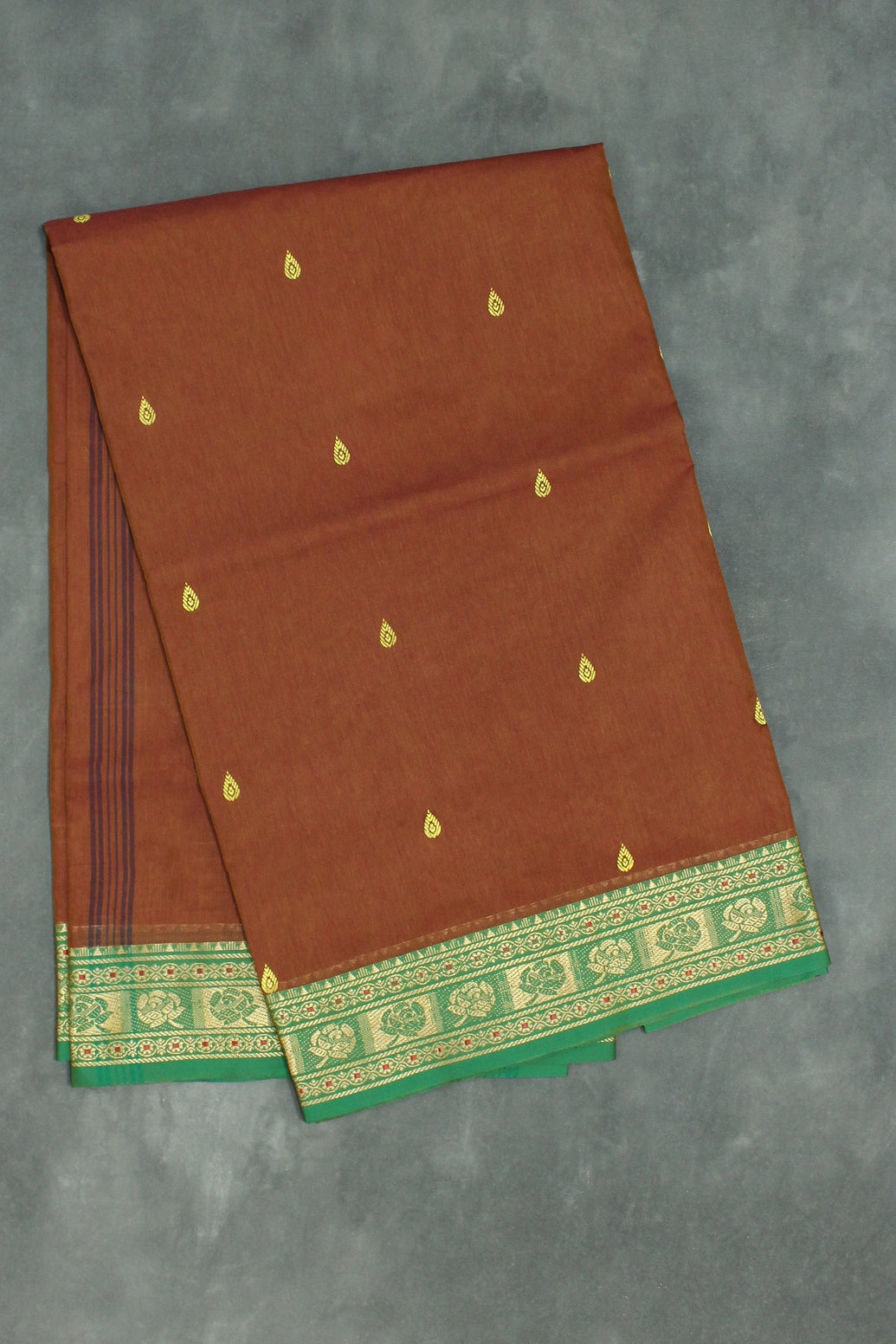 Chocolate Brown Poly Cotton Saree with Green Thread Border and Gold Butta Saree JCS Fashions Chocolate Brown 5.5 meters