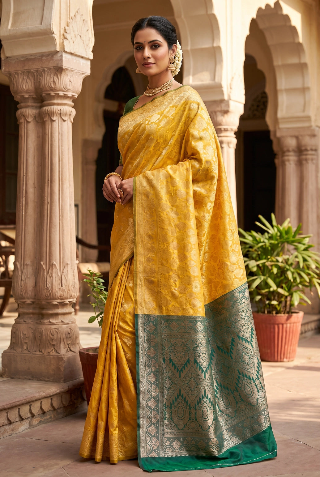Prabhashri Mustard Floral Soft Silk Designer Saree with Contrast Border and Blouse - Mustard