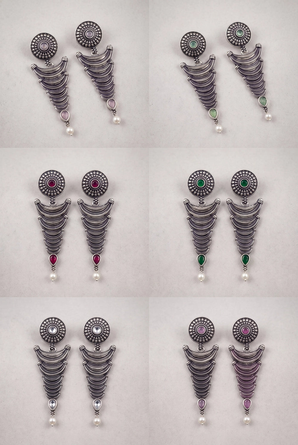 Oxidized Silver-Tone Statement Earrings with Pearl Drop and Teardrop Stones for Traditional Wear