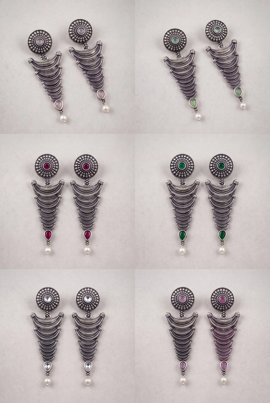 Oxidized Silver-Tone Statement Earrings with Pearl Drop and Teardrop Stones for Traditional Wear