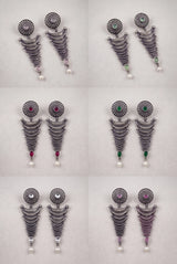 Oxidized Silver-Tone Statement Earrings with Pearl Drop and Teardrop Stones for Traditional Wear