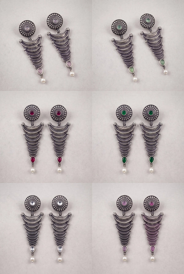 Oxidized Silver-Tone Statement Earrings with Pearl Drop and Teardrop Stones for Traditional Wear