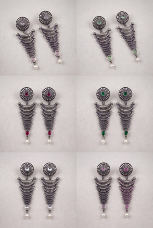 Oxidized Silver-Tone Statement Earrings with Pearl Drop and Teardrop Stones for Traditional Wear
