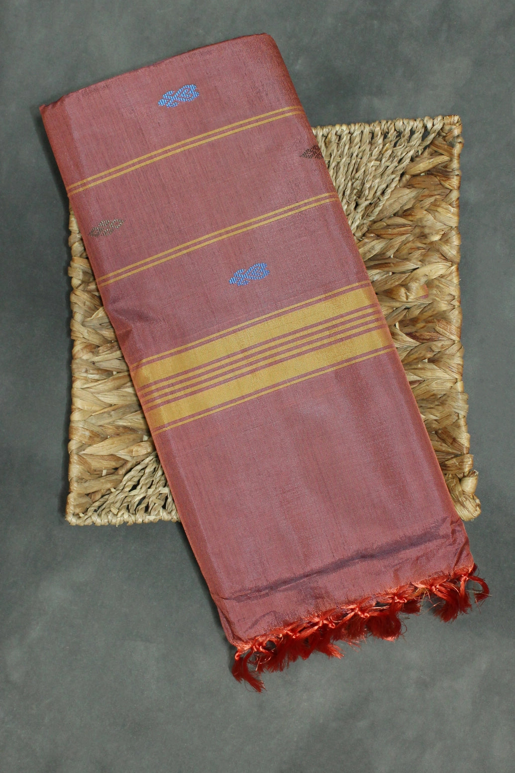 Blue & Brown Vaazhai Naar (Banana Pith) Saree with Zari Border and Small Butta - Blue & Brown