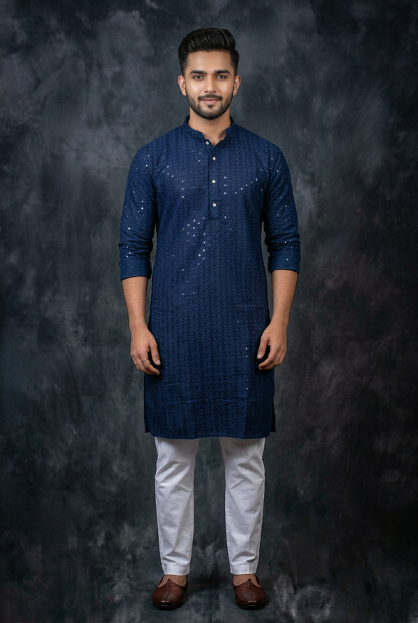 Navy Men's Lakhnavi Kurta: Embroidered Ethnic