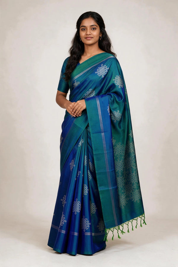 Peacock Blue Soft Silk Saree with Kolam Butta Print and Contrast Border for Traditional Wear - Peacock Blue