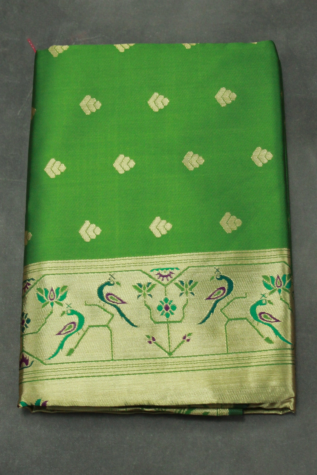 Mehendi Green Paithani Pure Silk Peacock Design Pallu Saree with Zari Woven Border - Mehendi Green