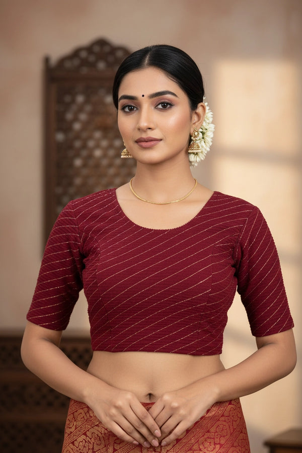 Maroon Leheriya Print Readymade Designer Stretchable Blouse with Elbow-Length Sleeves - Maroon