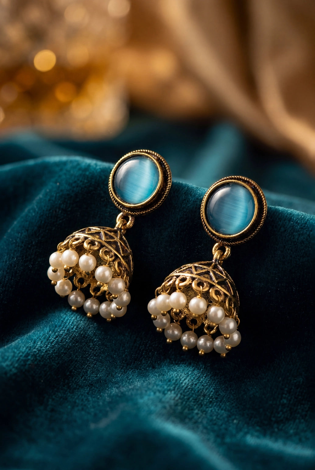 Antique Gold-Tone Jhumka Earrings with White Pearl Drops & Round Stone Stud in Royal/Sea/Pastel Green/Black