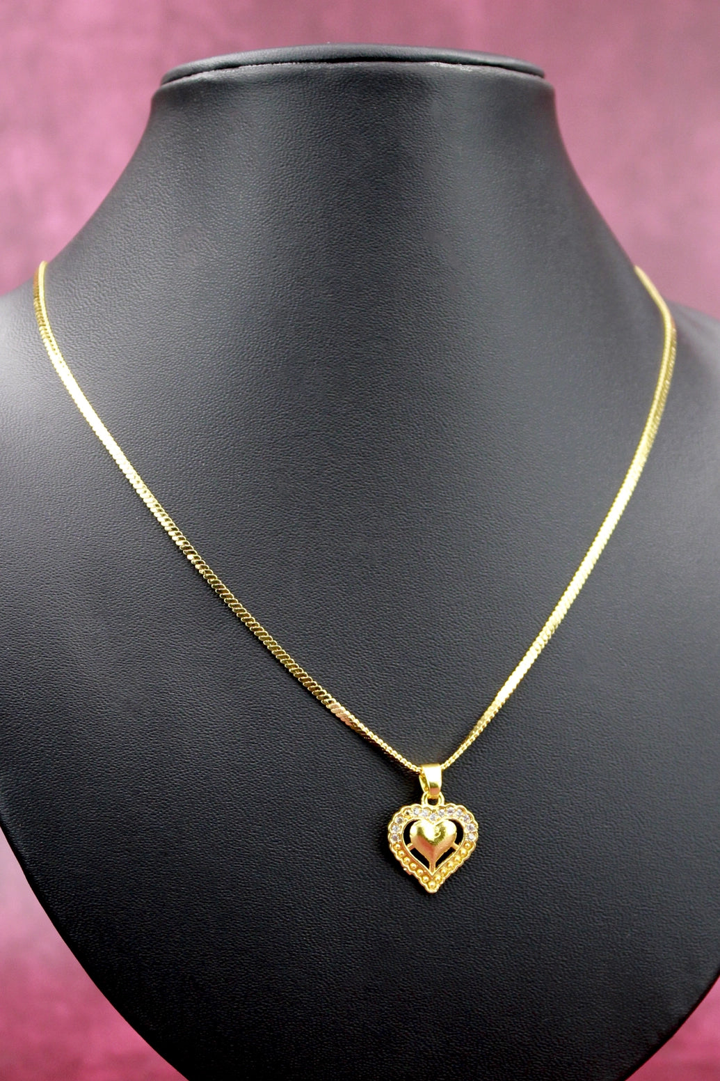 Gold-Tone Textured Chain Necklace with Heart Pendant for Women, Stylish Party/Festive Look - Gold