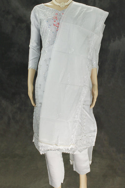 Gray Roman Silk 3-Piece Kurta Set with Organza Embroidered Top, Elastic Pants & Border Dupatta - Gray