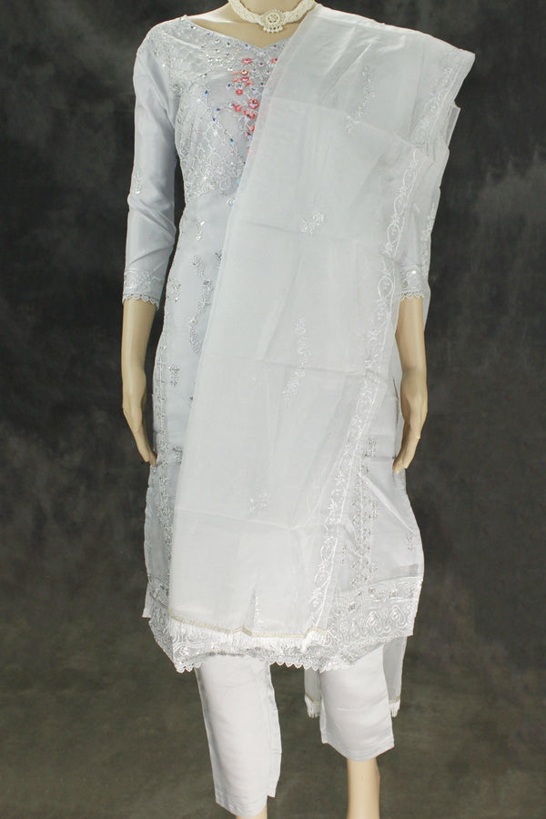 Gray Roman Silk 3-Piece Kurta Set with Organza Embroidered Top, Elastic Pants & Border Dupatta - Gray
