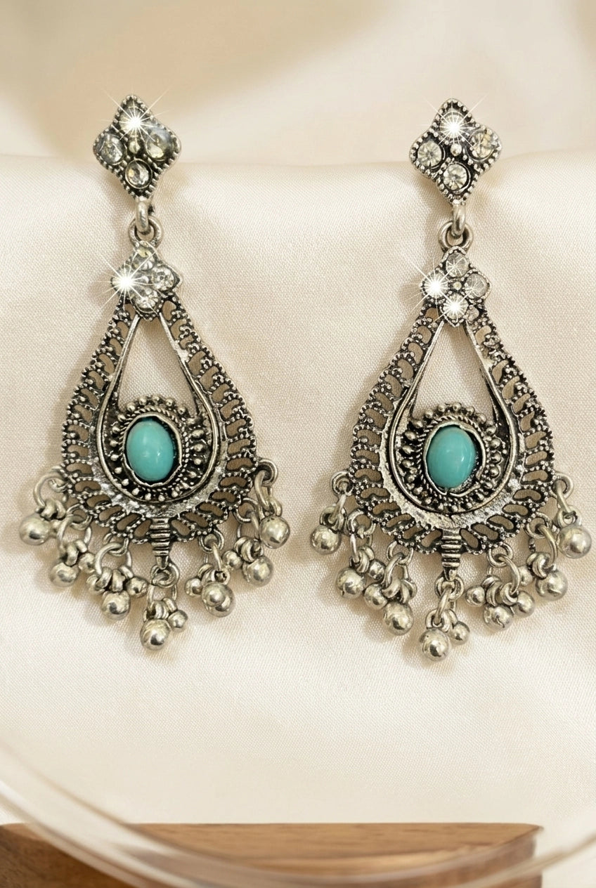 Oxidized Silver Blue Stone Drop Earrings with Beaded Dangles and Tiny Charms for Women - Blue