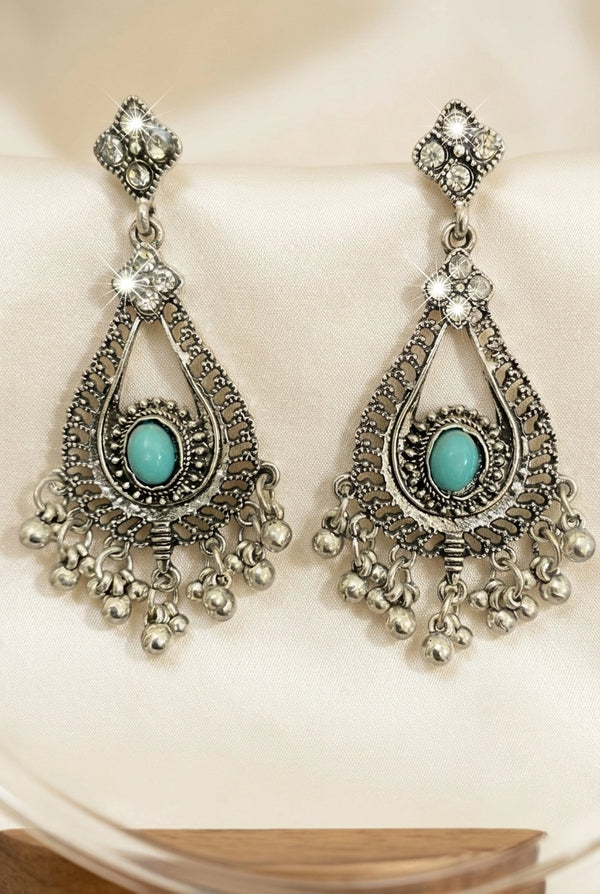 Oxidized Silver Blue Stone Drop Earrings with Beaded Dangles and Tiny Charms for Women - Blue