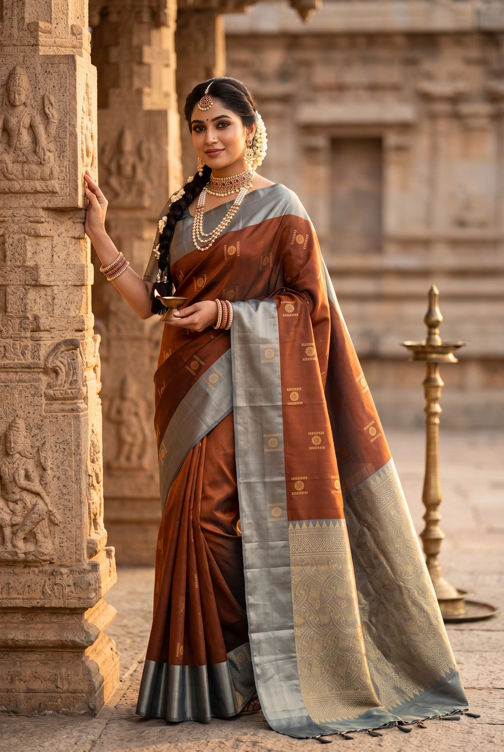 Beige & Olive Soft Silk Saree with Contrast Body and Border - Beige & Olive