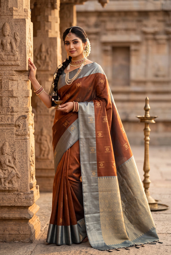 Beige & Olive Soft Silk Saree with Contrast Body and Border - Beige & Olive
