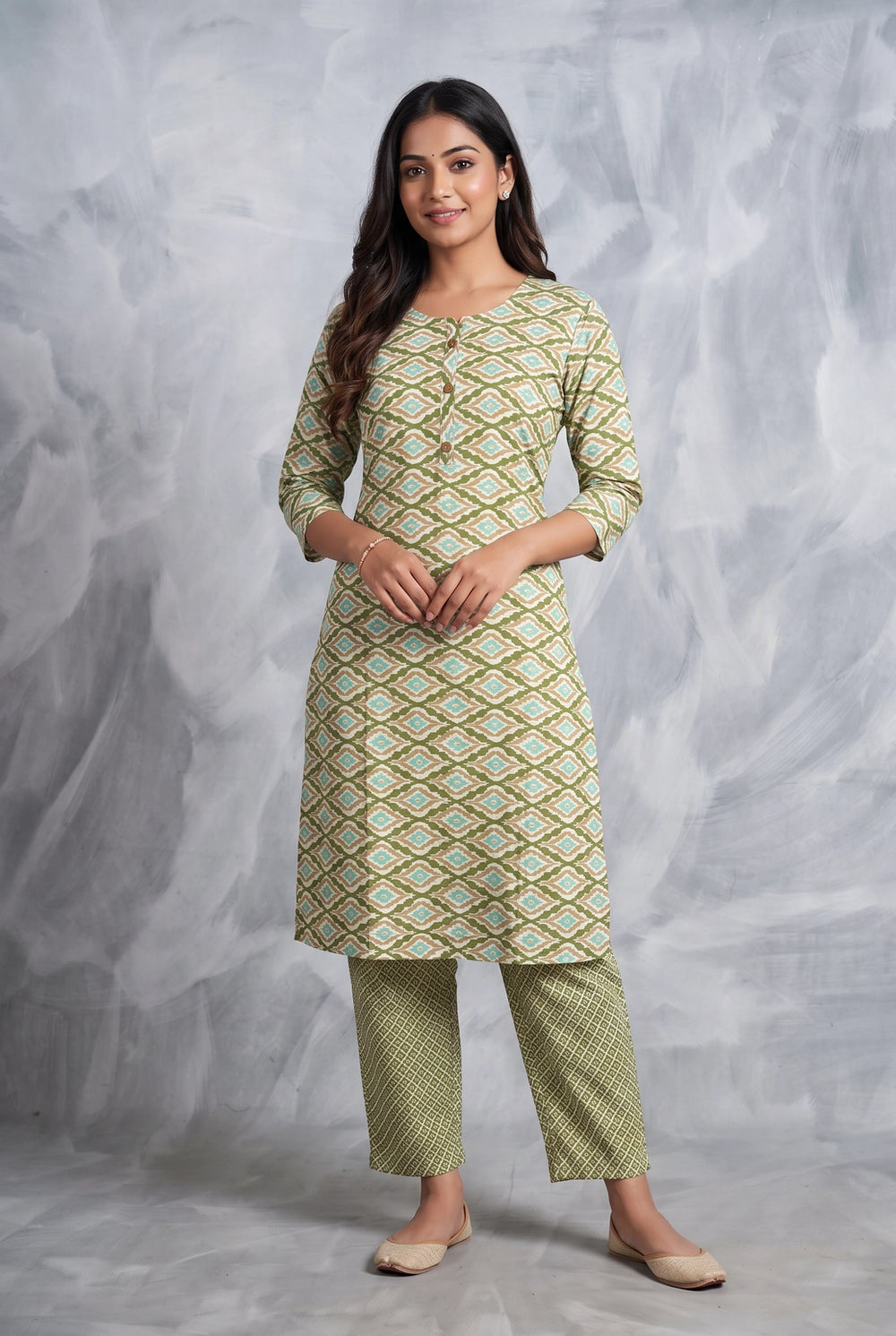 Green Rayon Kurti & Pant 2-Piece Set with Geometric Diamond Foil Print, Round Neck, 3/4 Sleeves - Green