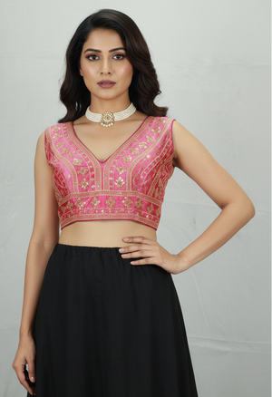 Magenta Designer Padded Sleeveless Blouse with Gold Thread Embroidery & Sequin Work, Back Knot, Readymade