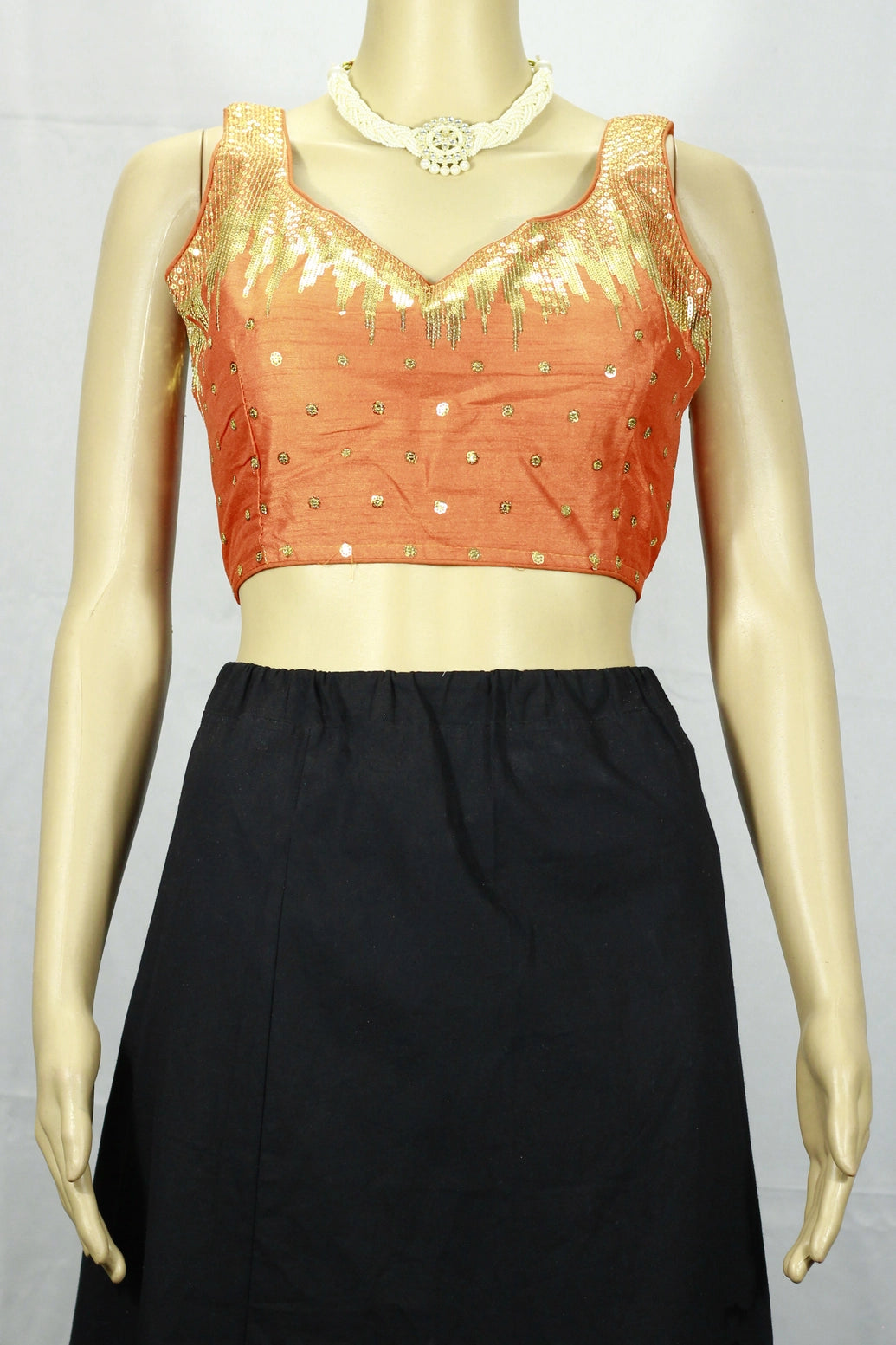 Bright Orange Padded Designer Blouse with Zari Scalloped Embroidery, Sleeveless with Back Knot - Bright Orange