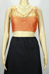 Bright Orange Padded Designer Blouse with Zari Scalloped Embroidery, Sleeveless with Back Knot - Bright Orange
