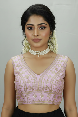 Lavender Padded Sleeveless Designer Blouse with Gold-Tone Embroidery and Sequin Work, Back Knot