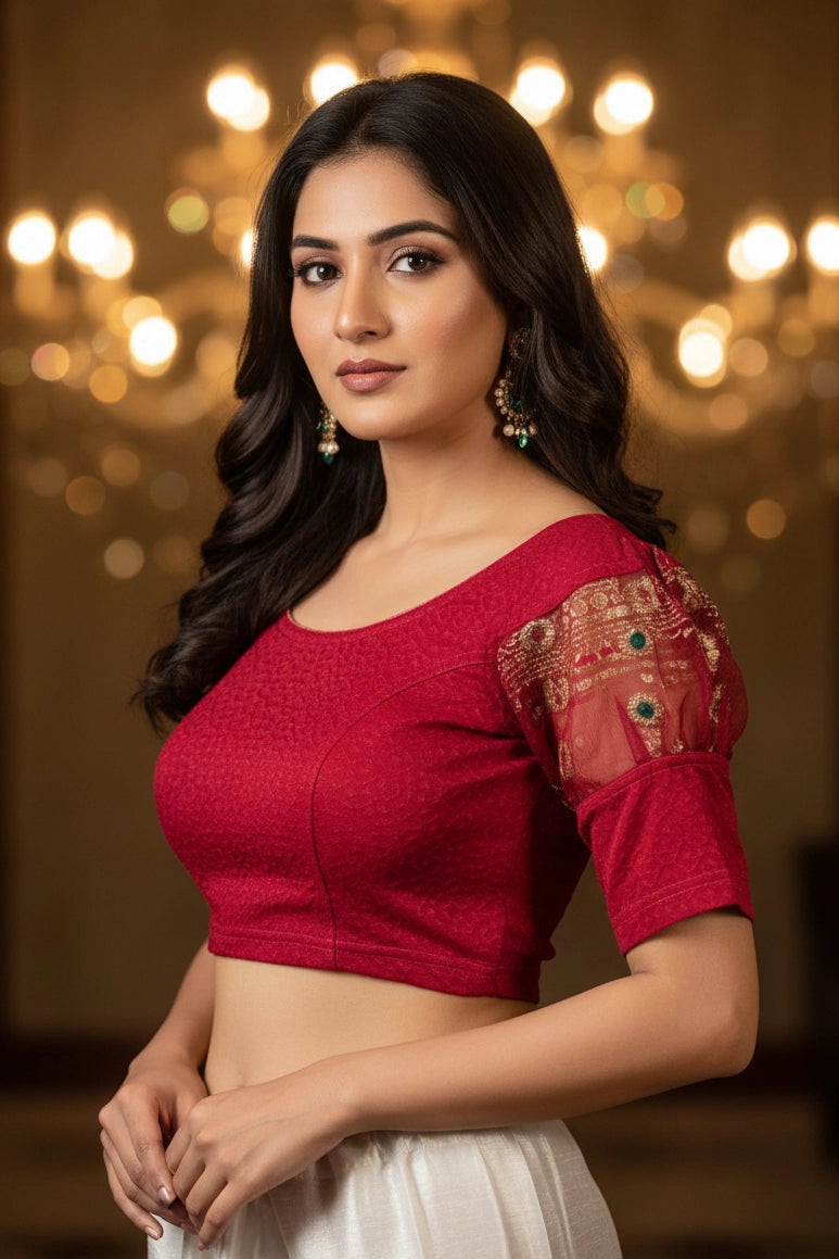 Pink Stretchable Readymade Designer Blouse with Puff Sleeves and Zari Motifs, Fully Stitched, Elbow Length - Pink