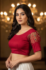 Pink Stretchable Readymade Designer Blouse with Puff Sleeves and Zari Motifs, Fully Stitched, Elbow Length - Pink
