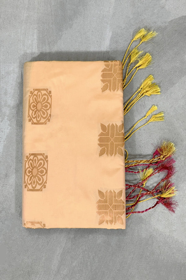Sandal Soft Silk Saree with Korvai Style Gold Zari Buttas and Floral Border, Traditional Wedding Wear Saree - Sandal