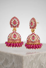 Pink Jhumka Earrings With Dome Design, Gold-Tone Detailing, White Stone Work And Beaded Tassels - Pink