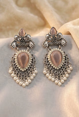 Oxidized Silver-Tone Teardrop Stone & Pearl Drop Earrings in Onion Pink - Onion Pink