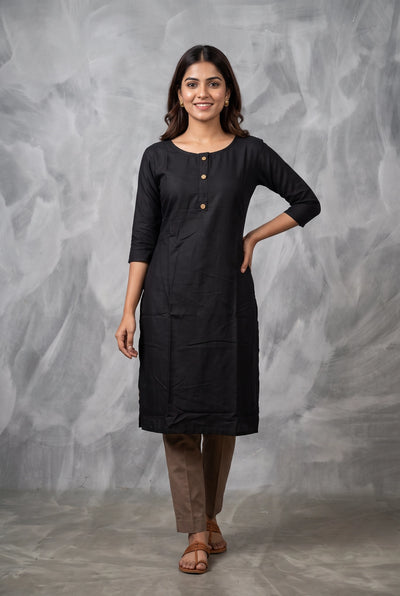 Black Two-Tone Dyed Round Neck Kurti with 3/4 Sleeves and Front Button Detail - Black