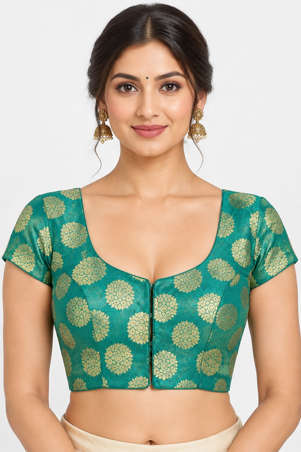 Rama Green Ready Made Padded Designer Blouse with Floral Weave, V-Neck, Short Sleeves for Sari Choli - Rama Green