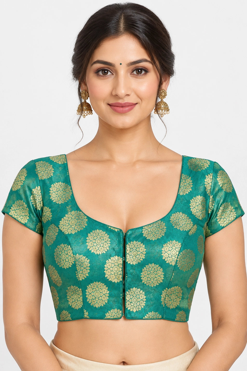 Rama Green Ready Made Padded Designer Blouse with Floral Weave, V-Neck, Short Sleeves for Sari Choli - Rama Green