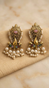 Traditional Oval Stone Antique Gold-Tone Pearl Tassel Earrings in Onion Pink & Multi-Color - Onion Pink & Multi color