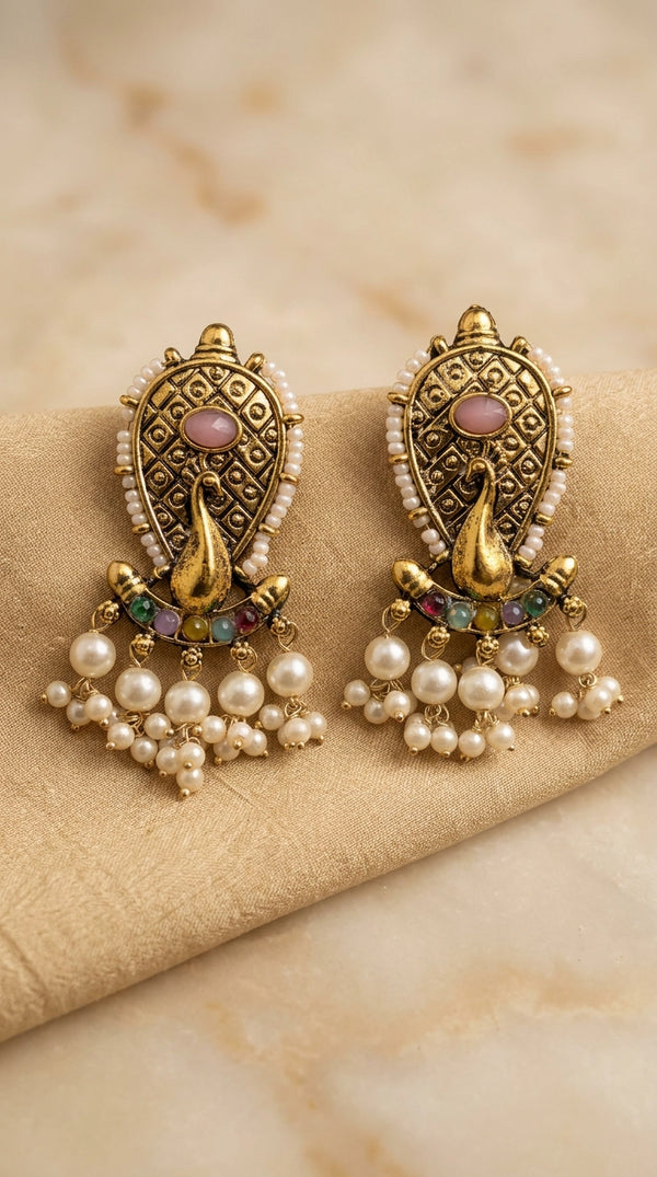 Traditional Oval Stone Antique Gold-Tone Pearl Tassel Earrings in Onion Pink & Multi-Color - Onion Pink & Multi color