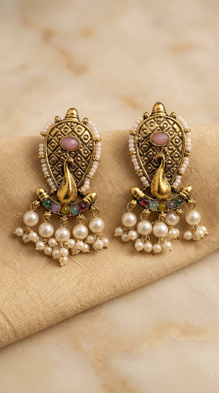 Traditional Oval Stone Antique Gold-Tone Pearl Tassel Earrings in Onion Pink & Multi-Color - Onion Pink & Multi color